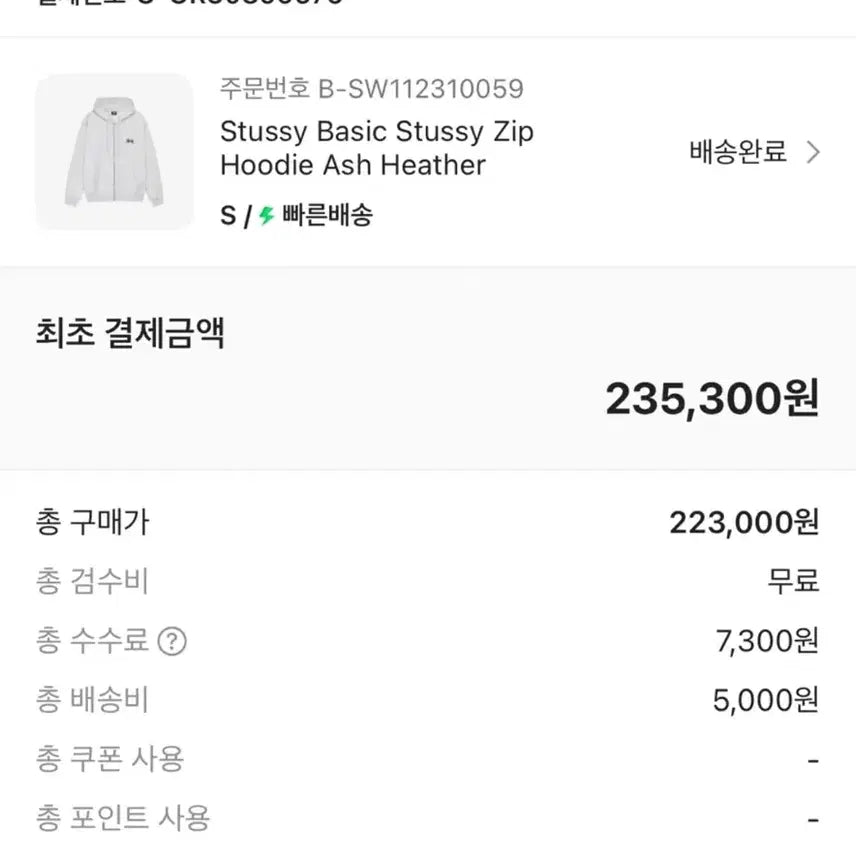 [BUNJANG] Stussy Basic Hoodie Gray S / 스투시 베이직 후드집업 그레이 s