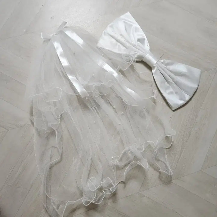 [BUNJANG] White Pearl Wedding Veil and Ribbon Set / 화이트 진주 웨딩 베일, 드레스 리본 웨딩촬영 셀프웨딩 웨딩스냅 소품