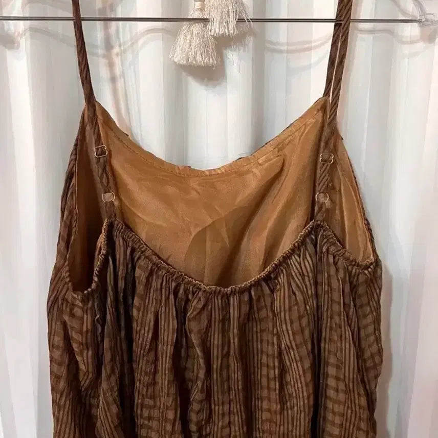 [BUNJANG] Brown Check Pattern Long Dress / 브라운 끈나시 체크 패턴 롱 원피스 55-66 거의새것