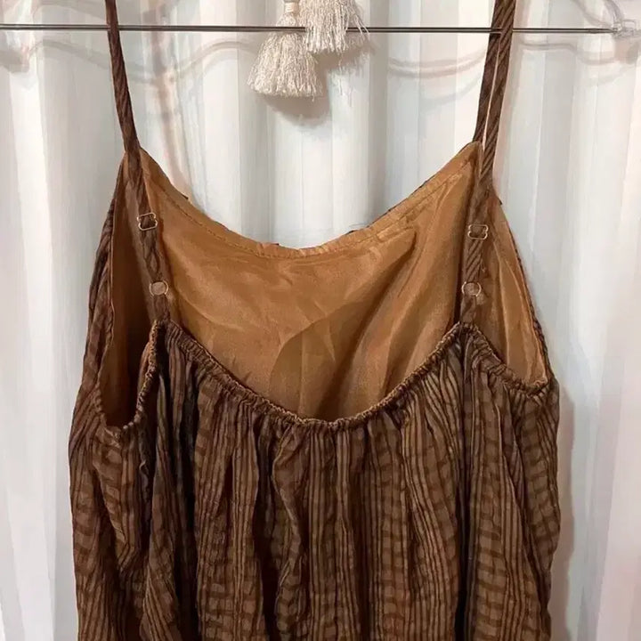 [BUNJANG] Brown Check Pattern Long Dress / 브라운 끈나시 체크 패턴 롱 원피스 55-66 거의새것