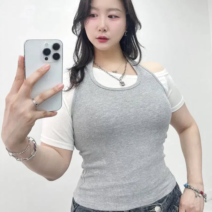[BUNJANG] Halter Neck Ribbed Tank Top (3 Colors, Sizes 55-77) / 새상품 홀터넥 나시 3컬러 개당가격 빅사이즈 가능 55-77