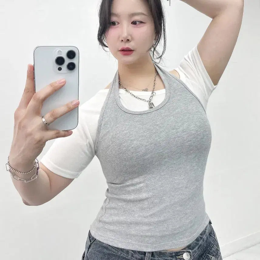 [BUNJANG] Halter Neck Ribbed Tank Top (3 Colors, Sizes 55-77) / 새상품 홀터넥 나시 3컬러 개당가격 빅사이즈 가능 55-77