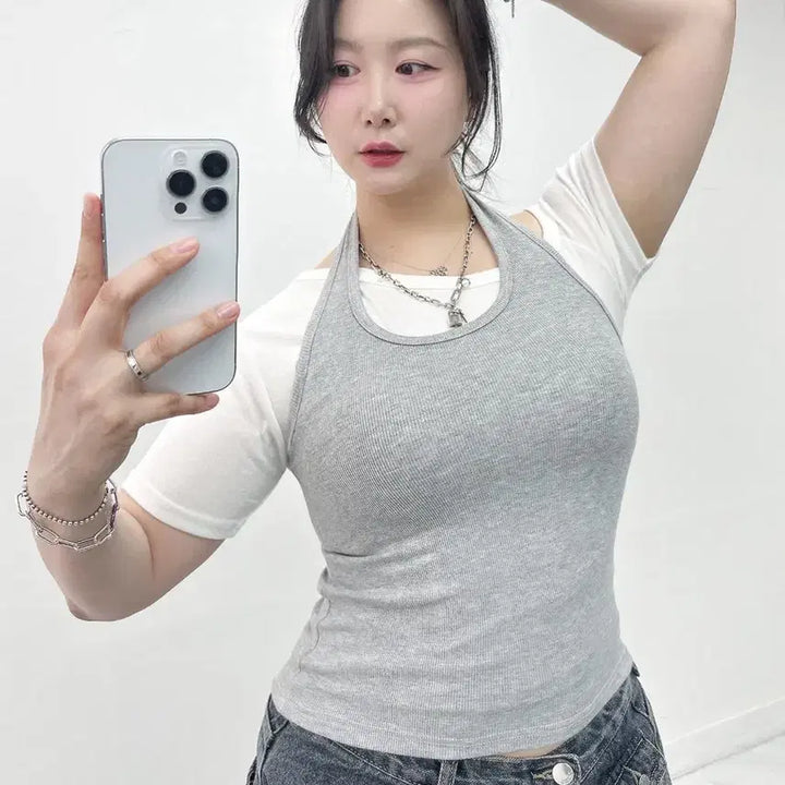 [BUNJANG] Halter Neck Ribbed Tank Top (3 Colors, Sizes 55-77) / 새상품 홀터넥 나시 3컬러 개당가격 빅사이즈 가능 55-77