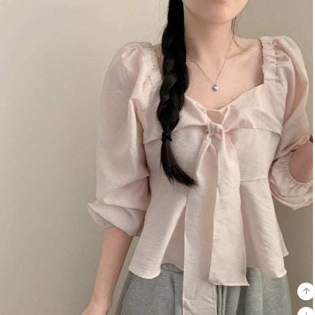 [BUNJANG] Satin Silky Puff Sleeve Square Neck Blouse / 리본 타이 스퀘어넥 긴팔 블라우스 새틴 실키 퍼프 핑크 아이보리 소라