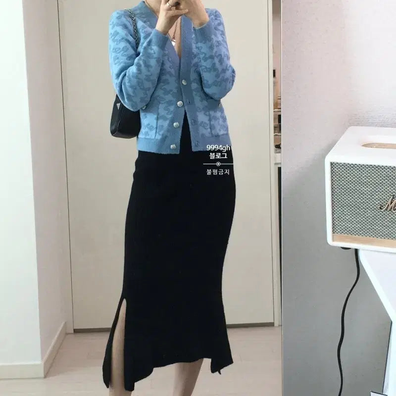 [BUNJANG] Maje Pattern Knit Cardigan / 마쥬 패턴 니트 가디건 블루