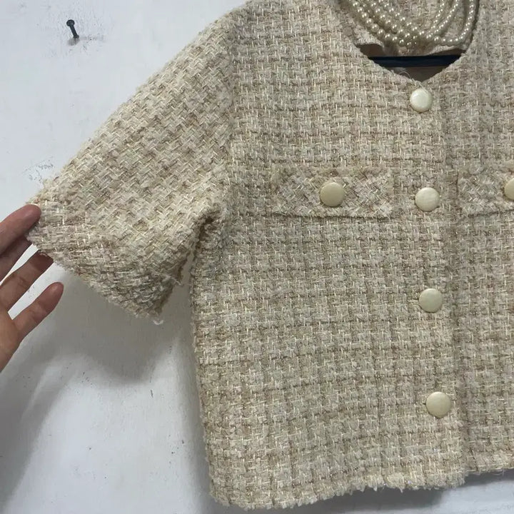 [BUNJANG] N6224 Tweed Crop Jacket / 초특가새)N6224 노카라 트위드 자켓.크롭.금사배색