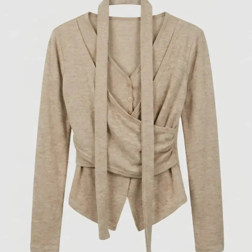 [BUNJANG] Wrap Style Shirred Long Sleeve Beige Top / 랩 스타일 셔링 긴팔 베이지