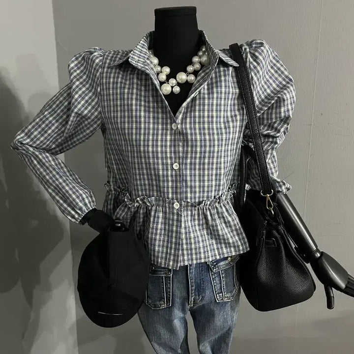 [BUNJANG] Check Flare Blouse / 체크블라우스/체크프릴블라우스/블라우스