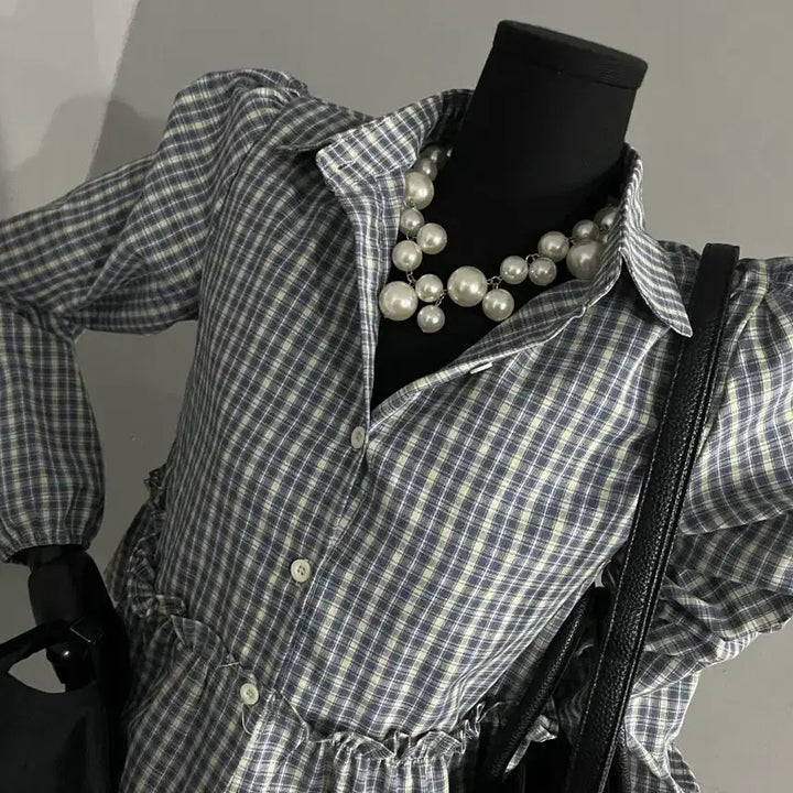 [BUNJANG] Check Flare Blouse / 체크블라우스/체크프릴블라우스/블라우스