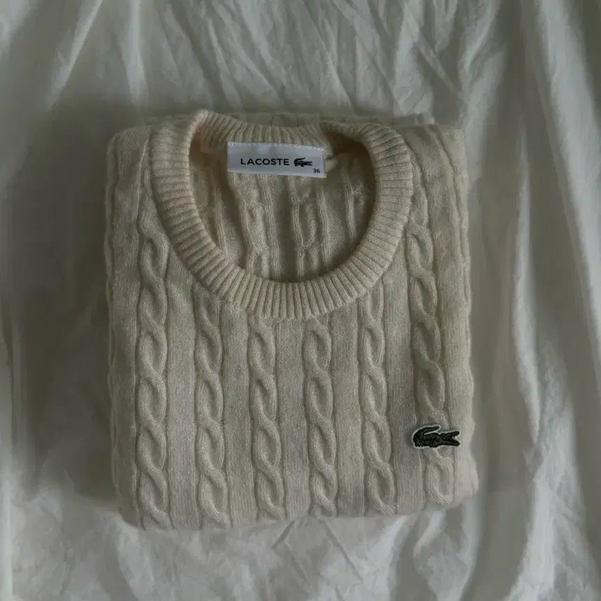 [BUNJANG] Lacoste Cable Knit Wool Sweater Ivory / 라코스테 울 꽈배기 니트 아이보리