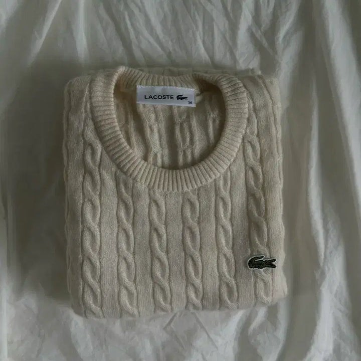 [BUNJANG] Lacoste Cable Knit Wool Sweater Ivory / 라코스테 울 꽈배기 니트 아이보리