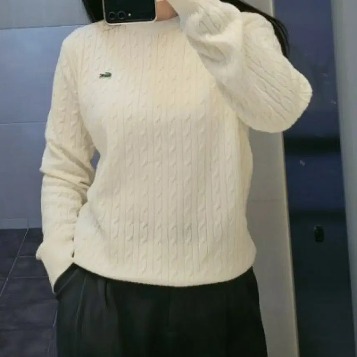 [BUNJANG] Lacoste Cable Knit Wool Sweater Ivory / 라코스테 울 꽈배기 니트 아이보리