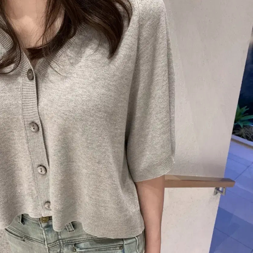 [BUNJANG] Summer Gray Knit Cardigan / 여름 반팔 니트 가디건 그레이
