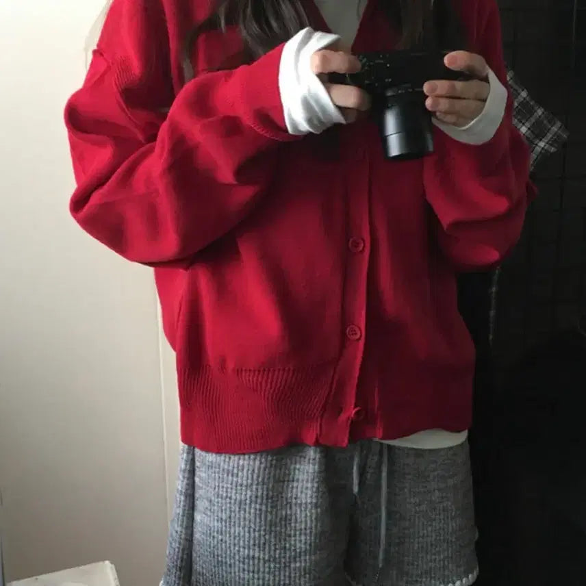 [BUNJANG] V-Neck Knit Cardigan Red / 브이넥 니트가디건 레드