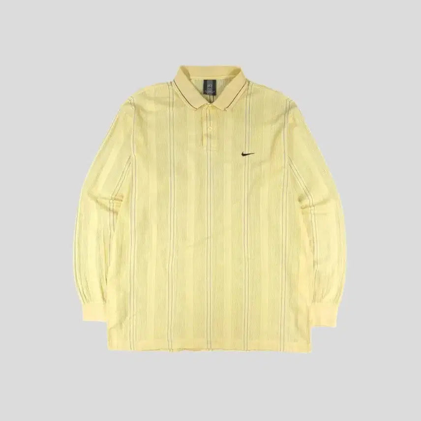 [BUNJANG] Nike Golf Yellow Multi-Color Striped Swoosh Logo Half Button Shirt / 나이키 골프 00s 옐로우톤 멀티컬러 스트라이프패턴 스우시 로고 하프버튼