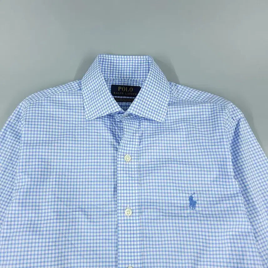 [BUNJANG] Polo Ralph Lauren Gingham Check Custom Fit Shirt / 폴로랄프로렌 화이트 라이트블루 배색 깅엄체크 블루포니 커스텀핏 컷어웨이