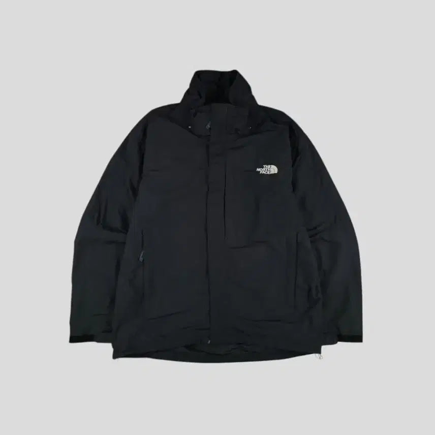 [SOLD OUT] 노스페이스 블랙 그레이 로고 투웨이지퍼 체스트포켓 후드 바람막이 자켓 L