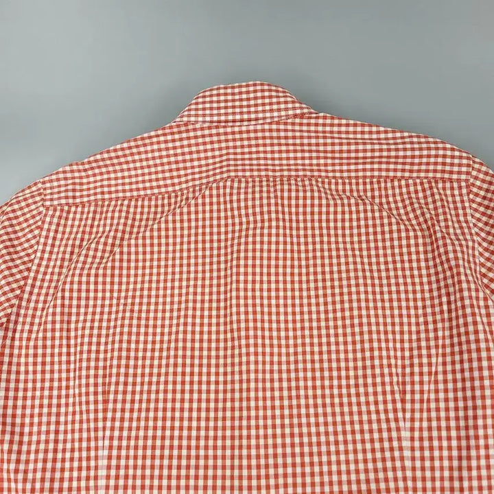 [BUNJANG] Lacoste Gingham Check Button-Down Cotton Shirt / 라코스테 화이트 레드 배색 깅엄체크 크록로고 버튼다운 코튼 남방 셔츠 M