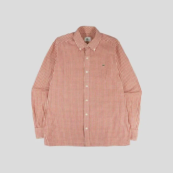 [BUNJANG] Lacoste Gingham Check Button-Down Cotton Shirt / 라코스테 화이트 레드 배색 깅엄체크 크록로고 버튼다운 코튼 남방 셔츠 M