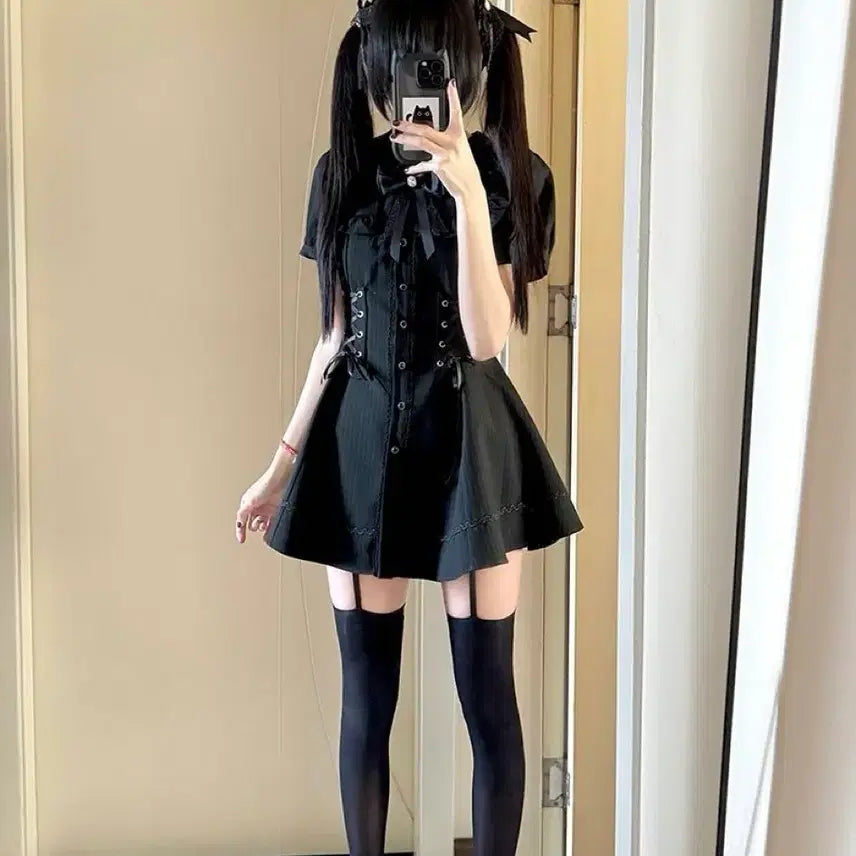 [BUNJANG] Black Striped Cross Mini Dress / 지뢰계 패션 블랙 스트라이프 크로스 미니원피스