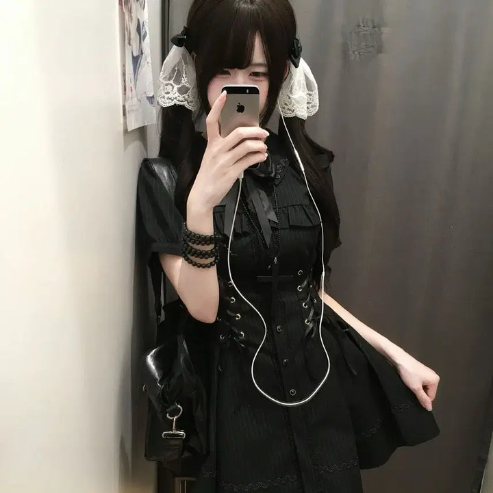 [BUNJANG] Black Striped Cross Mini Dress / 지뢰계 패션 블랙 스트라이프 크로스 미니원피스