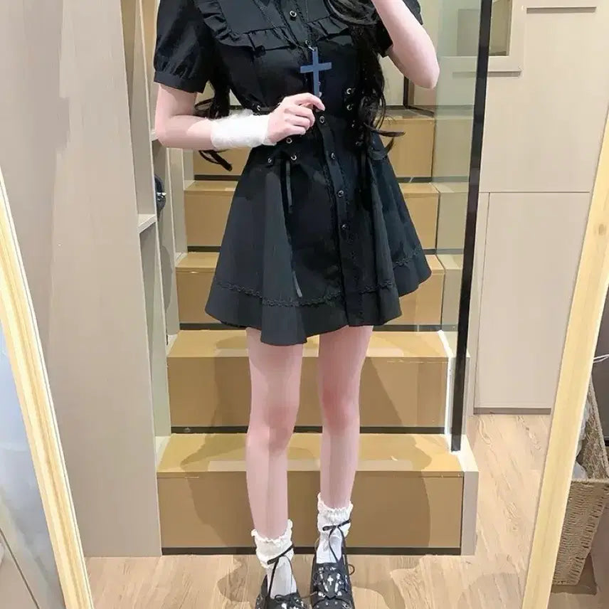 [BUNJANG] Black Striped Cross Mini Dress / 지뢰계 패션 블랙 스트라이프 크로스 미니원피스
