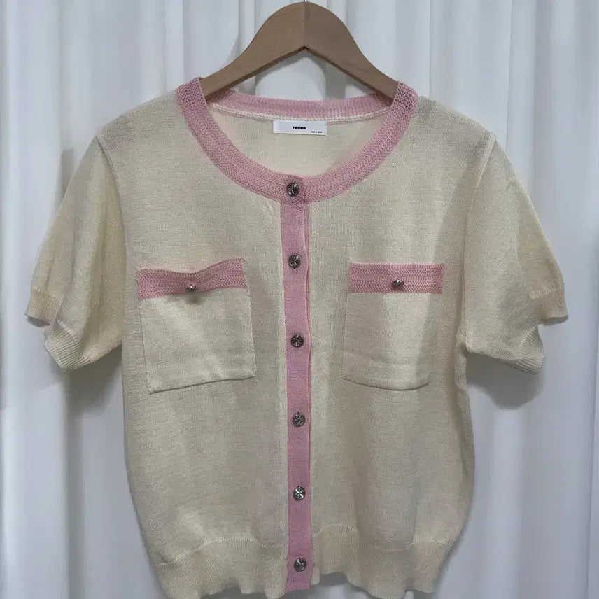 [BUNJANG] Pink Trimmed Short Sleeve Cardigan / [새상품] 핑크 배색 아이보리 반팔 가디건