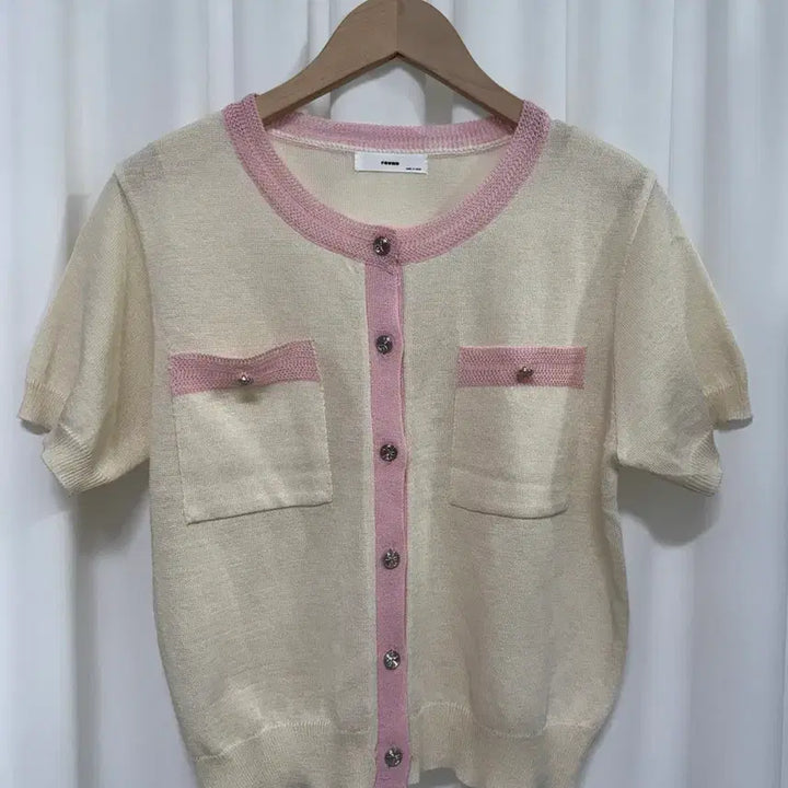 [BUNJANG] Pink Trimmed Short Sleeve Cardigan / [새상품] 핑크 배색 아이보리 반팔 가디건