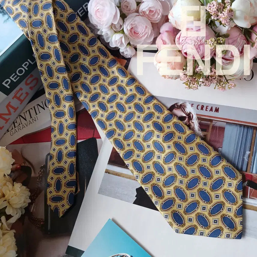 [BUNJANG] Fendi Silk Tie - Yellow Oval Pattern / 펜디 실크 옐로우 오벌 패턴 넥타이 9.2cm A+등급 G28