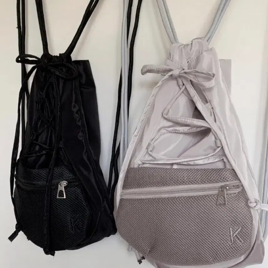 [BUNJANG] Nylon Balletcore Strap Mesh Pocket String Backpack - Lavender Grey / 나일론 발레코어 스트랩 메쉬 포켓 스트링 백팩-라벤더 그레이