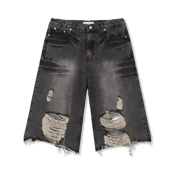 [BUNJANG] Distressed Black Denim Bermuda Shorts / 디스트로이드 블랙 데님 버뮤다팬츠