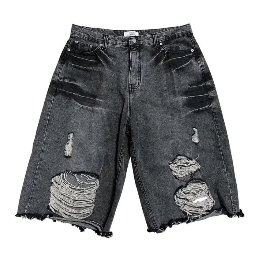 [BUNJANG] Distressed Black Denim Bermuda Shorts / 디스트로이드 블랙 데님 버뮤다팬츠