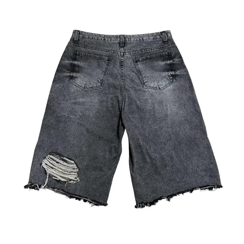 [BUNJANG] Distressed Black Denim Bermuda Shorts / 디스트로이드 블랙 데님 버뮤다팬츠
