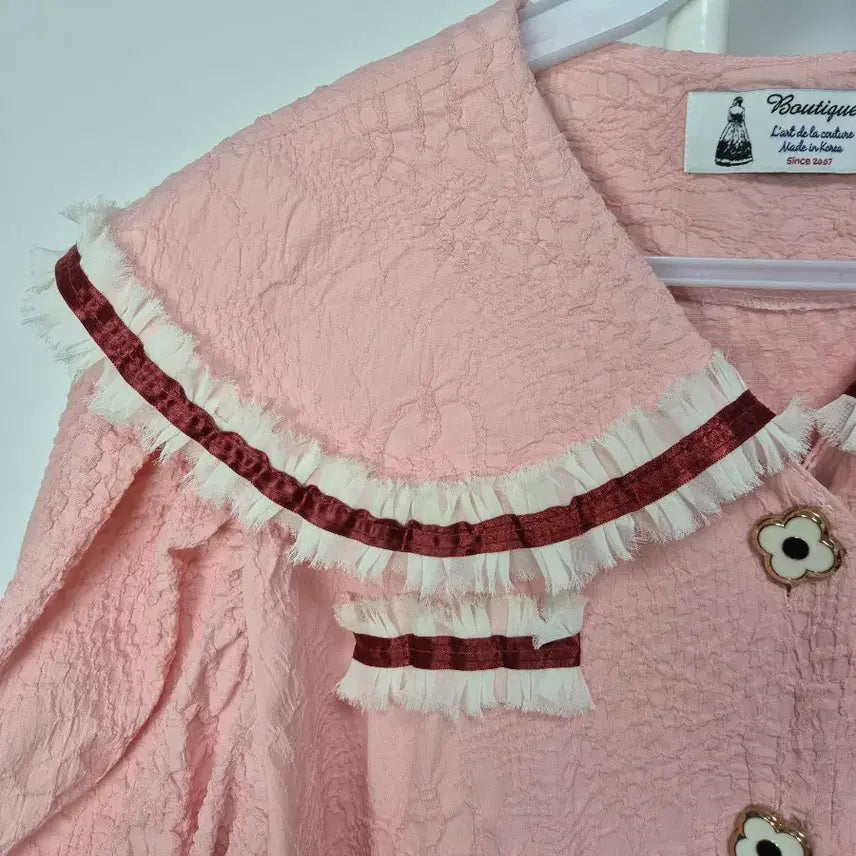 [SOLD OUT] 핑크색 카라넥 플라워버튼 롱 원피스