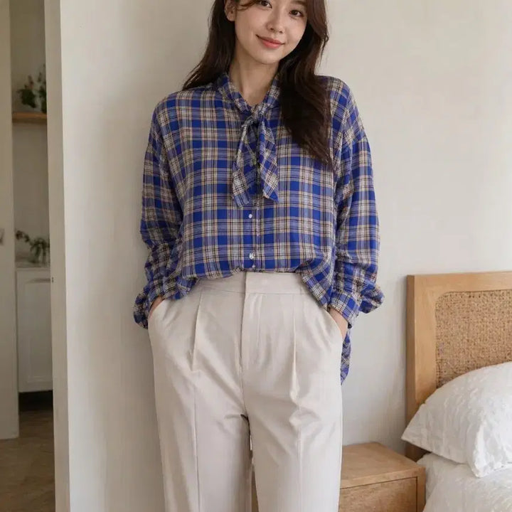 [BUNJANG] 몬츠 블루 체크 리본 블라우스 / 몬츠 블루 체크 리본 블라우스