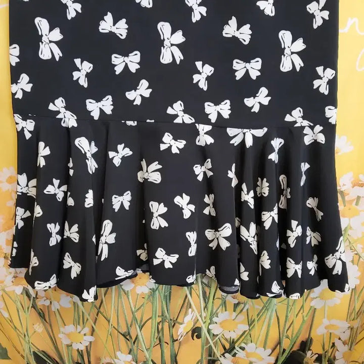 [BUNJANG] Black Ribbon Pattern Long Dress / 리본 패턴 블랙 롱 원피스