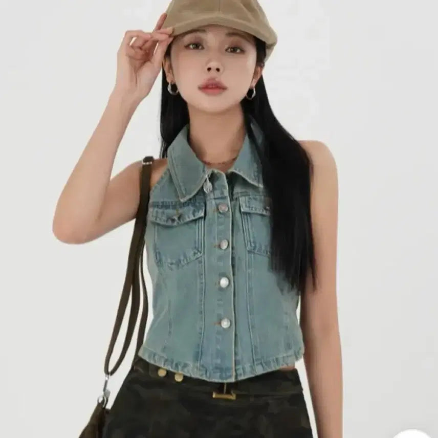 [SOLD OUT] 데님 홀터넥 나시 (지그재그 에이블리 청 크롭 조끼 탑 카라 y2k)