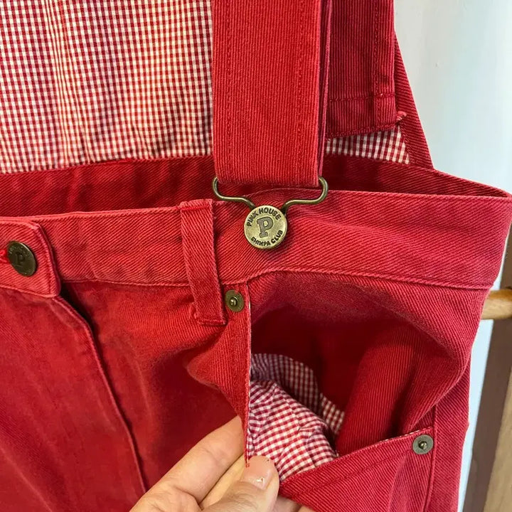 [BUNJANG] Pink House Vintage Red Patchwork Suspender Skirt / [정품] 핑크하우스 빈티지 레드 패치워크 멜빵치마