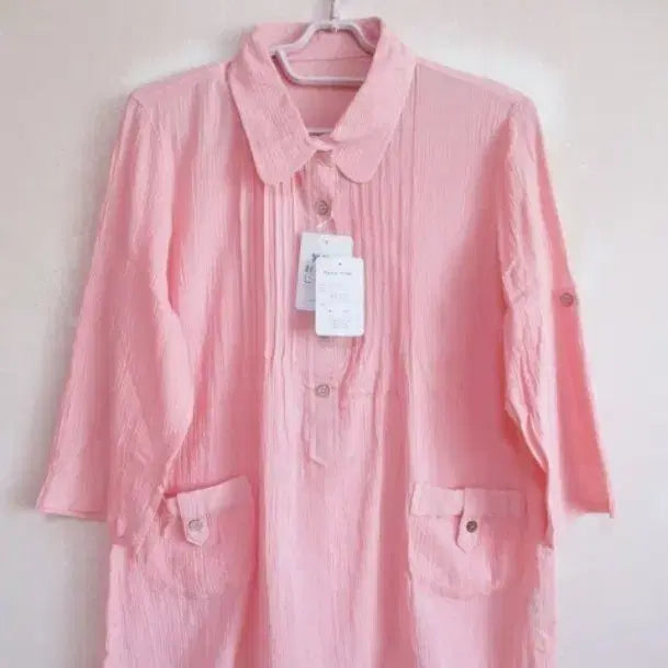 [BUNJANG] Pink 100% Cotton Blouse with Roll-up Sleeves / 택있음) 핑크 면100 블라우스/ 롤업