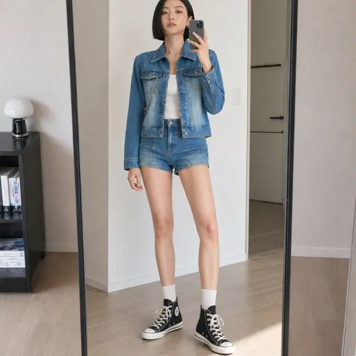 [BUNJANG] White Label Cubic Chain Denim Jacket / 새상품 White Label 큐빅 체인 데님 청자켓 s
