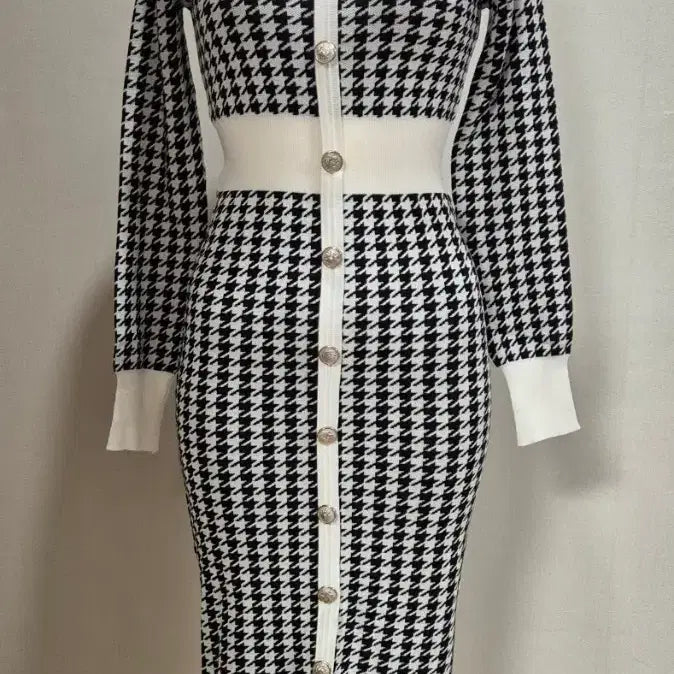[BUNJANG] Houndstooth Check Knit Long Dress S / 하운드투스 체크 니트 롱 원피스 S op4