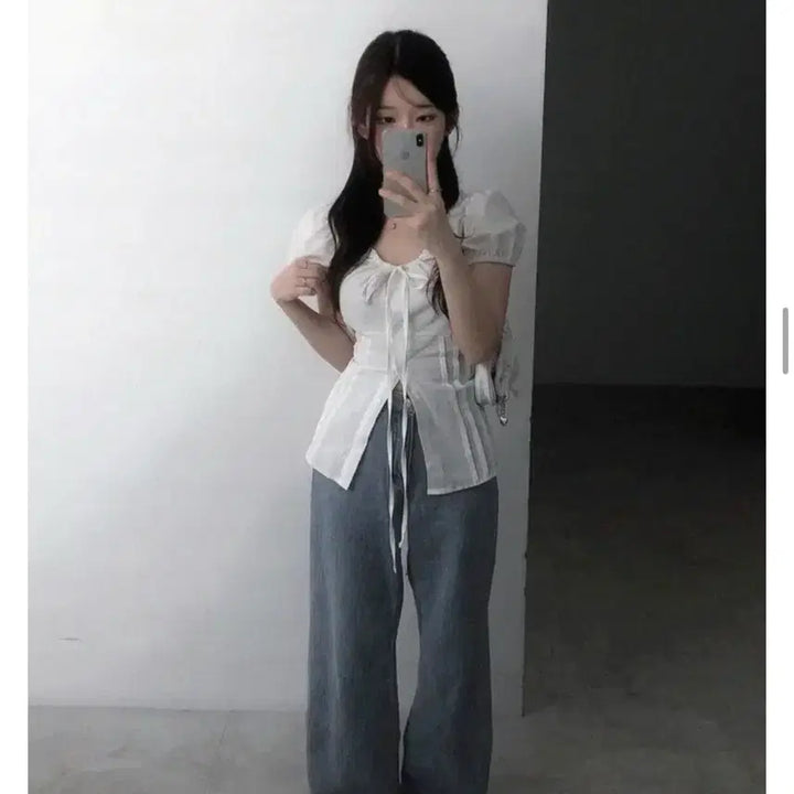 [BUNJANG] Summer Puff Sleeve Ribbon Blouse / (새상품)여름 반발 퍼프 리본 블라우스