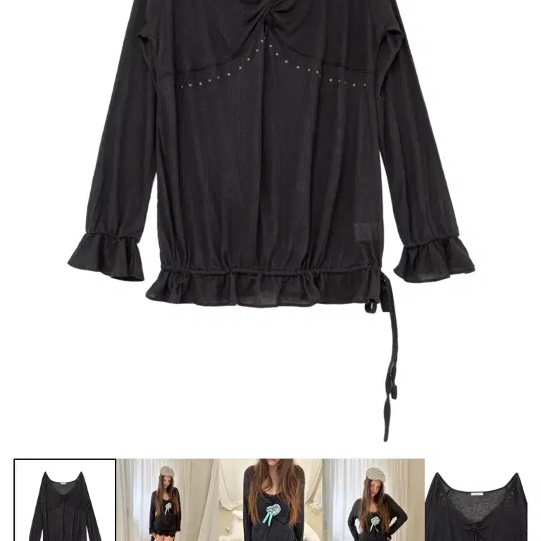 [BUNJANG] Hetti Sheer Twist Ruffle Blouse Charcoal / 헤티 러플 블라우스 차콜 Sheer Twist Ruffle Blouse
