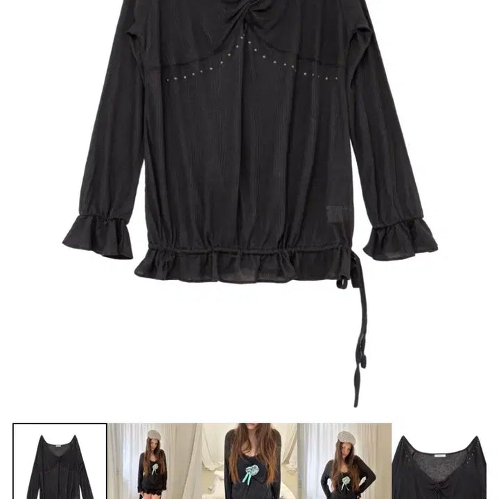 [BUNJANG] Hetti Sheer Twist Ruffle Blouse Charcoal / 헤티 러플 블라우스 차콜 Sheer Twist Ruffle Blouse