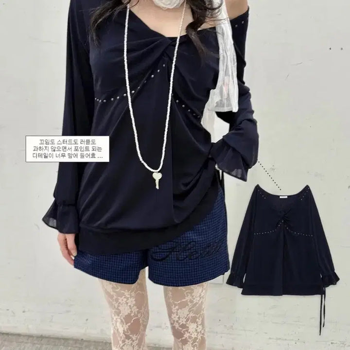 [BUNJANG] Hetti Sheer Twist Ruffle Blouse Charcoal / 헤티 러플 블라우스 차콜 Sheer Twist Ruffle Blouse