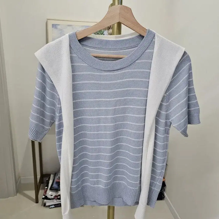 [BUNJANG] Striped Knit Top with Shawl Set / 반팔 스트라이프 니트 + 숄세트