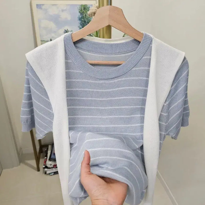 [BUNJANG] Striped Knit Top with Shawl Set / 반팔 스트라이프 니트 + 숄세트