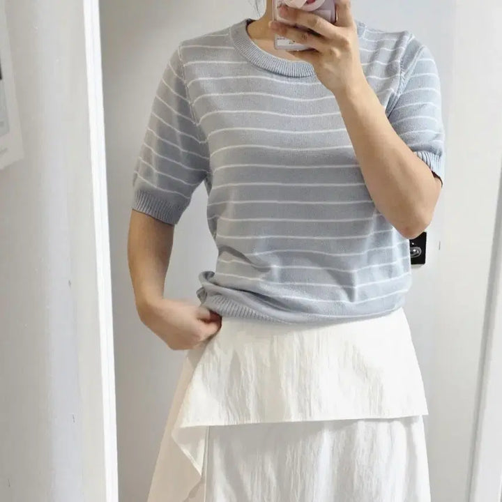 [BUNJANG] Striped Knit Top with Shawl Set / 반팔 스트라이프 니트 + 숄세트
