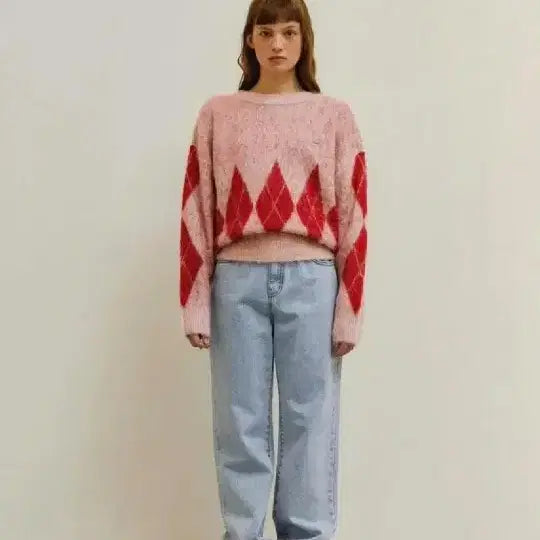 [BUNJANG] Somewherebut 헤어리 Argyle Check Knit Pink / (원가8.9) 썸웨어버터 헤어리 아가일 체크 니트 핑크