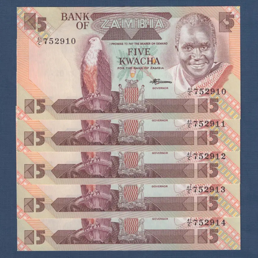 [BUNJANG] Zambia 5 Kwacha 1986 Banknote / 5장, 잠비아 5 콰차 1986년 미사용
